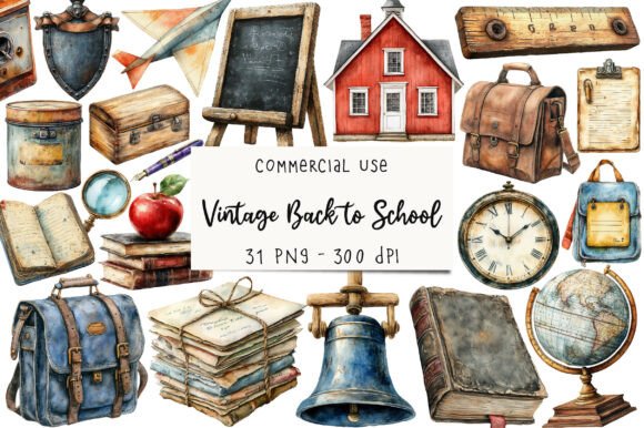 Vintage Back to School Set Clipart: A Versatile Asset for Creative and Commercial Projects